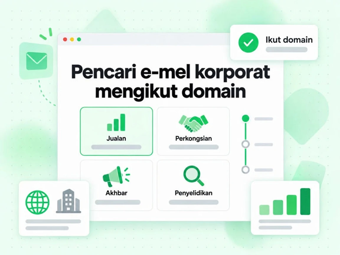 Pencari e-mel korporat mengikut domain bagi Jualan, Perkongsian, Akhbar, Penyelidikan dan Ikut domain