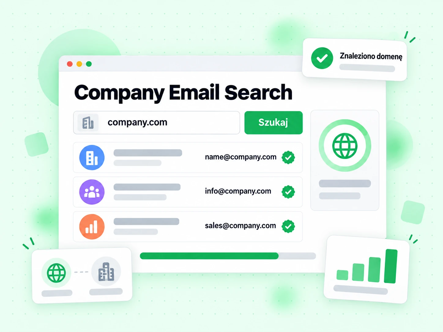 Company Email Search wpisuje domenę firmy i zwraca listę służbowych adresów e-mail