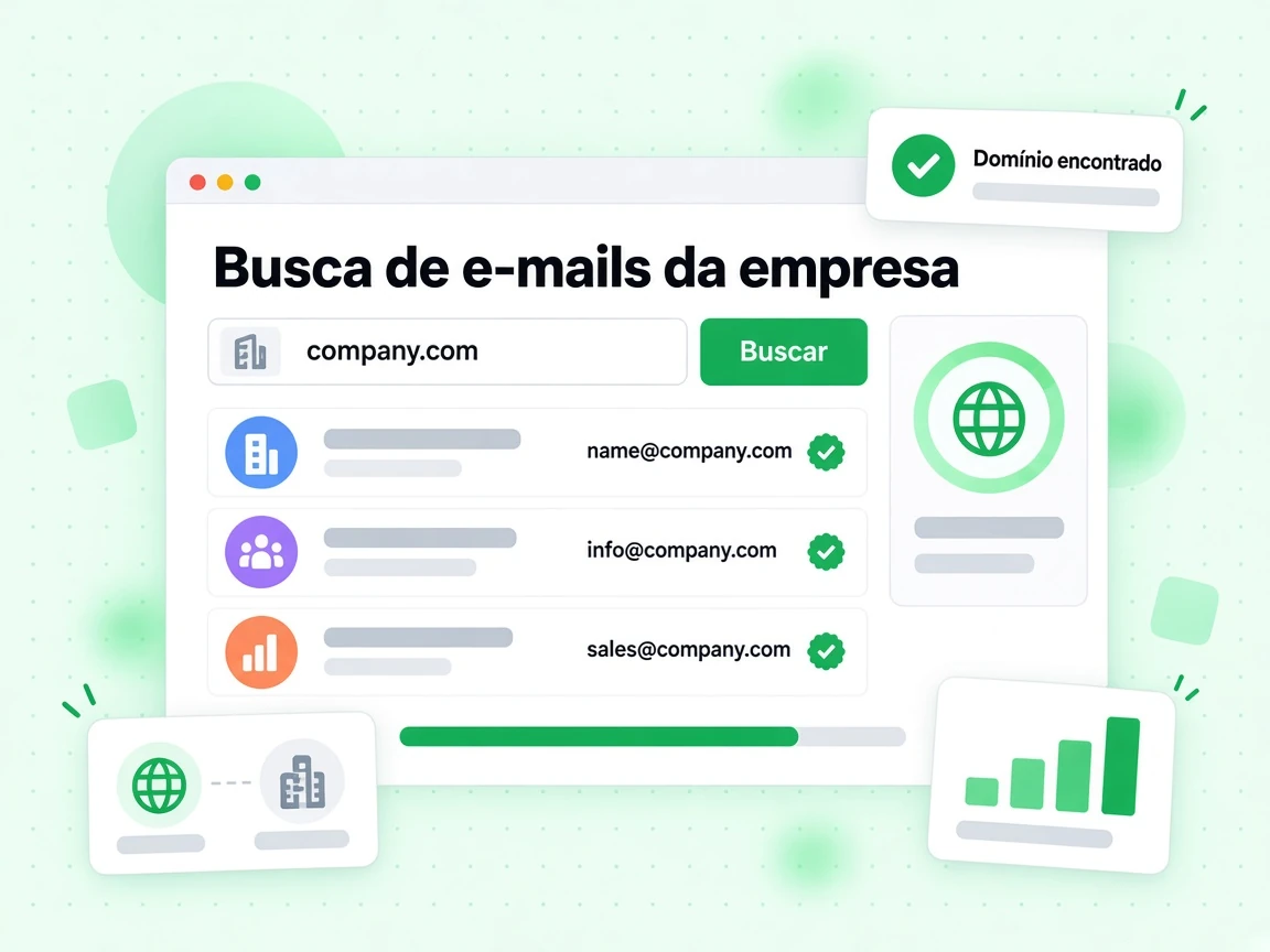 Busca de e-mails da empresa parte de company.com, aciona Buscar e devolve name@company.com e info@company.com
