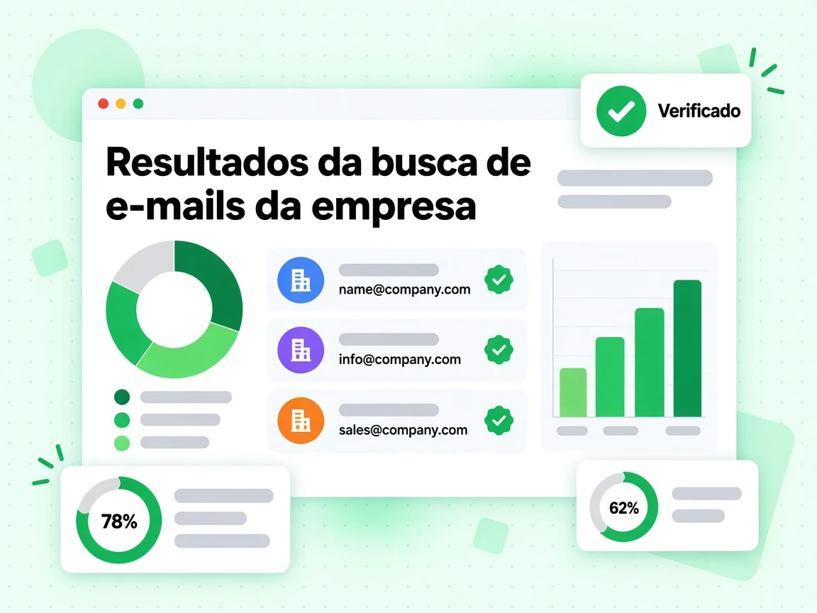Resultados da busca de e-mails da empresa listam vários e-mails de um domínio, cada um com status Verificado