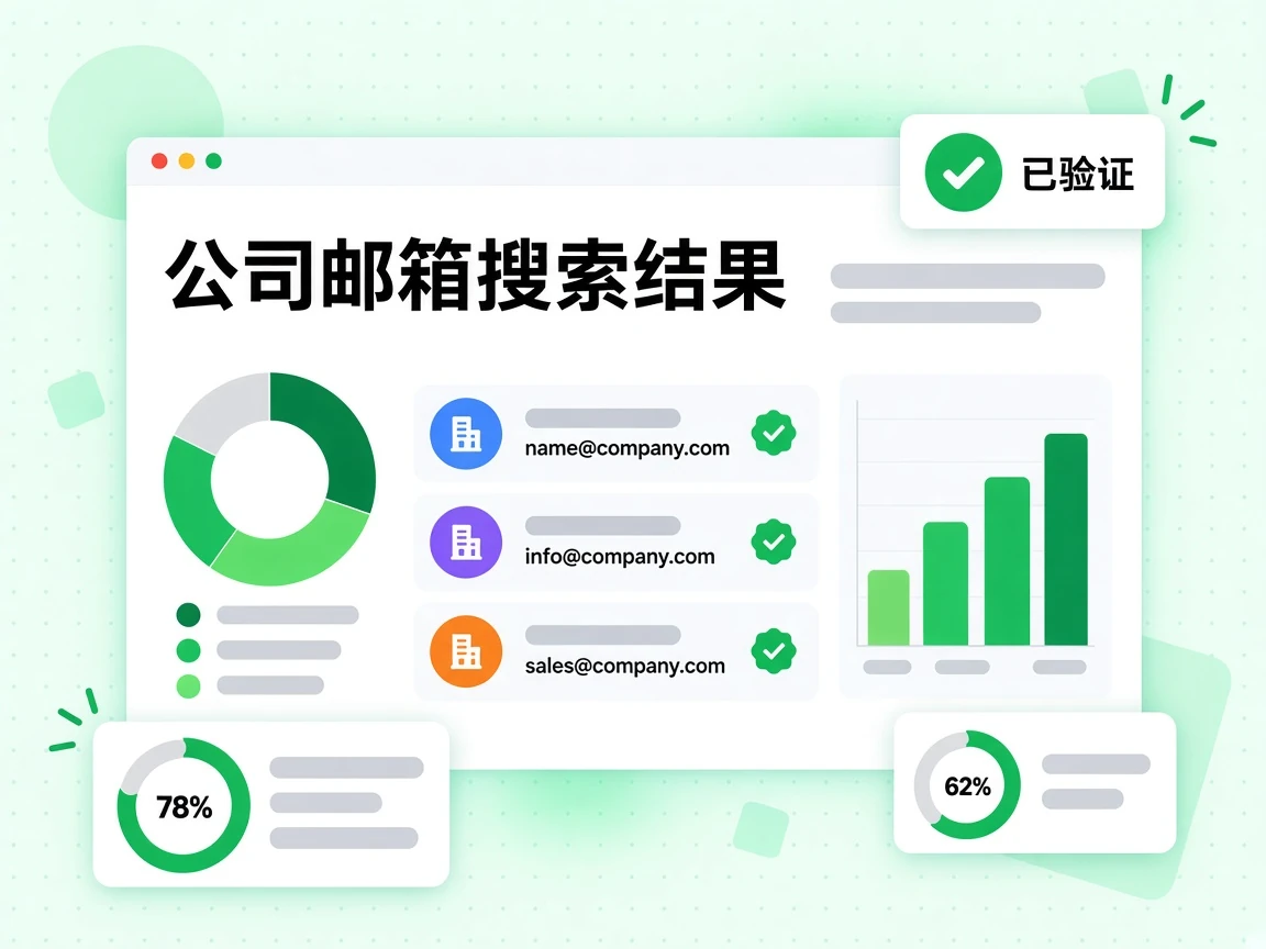 公司邮箱搜索结果列出同一域名下的多条已验证工作邮箱。