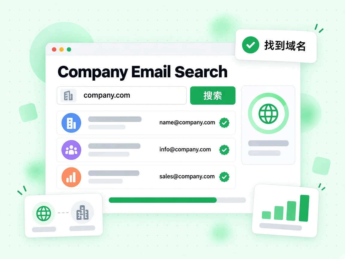 Company Email Search 输入公司域名并搜索，返回工作邮箱，状态显示找到域名。