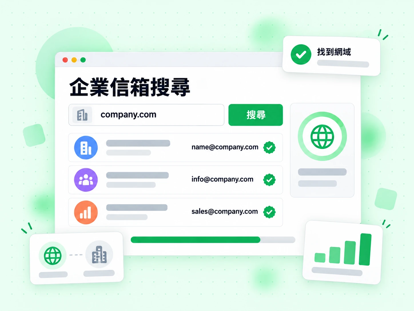 企業信箱搜尋輸入公司網域後，找到網域並列出對應的工作信箱地址