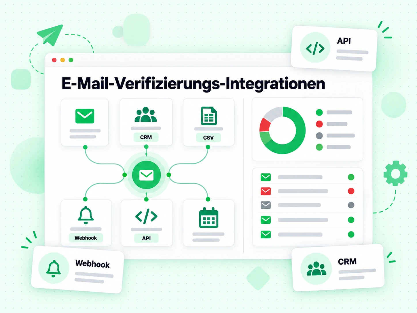 Raster von E-Mail-Verifizierungs-Integrationen mit API, Webhook, CRM und CSV-Import
