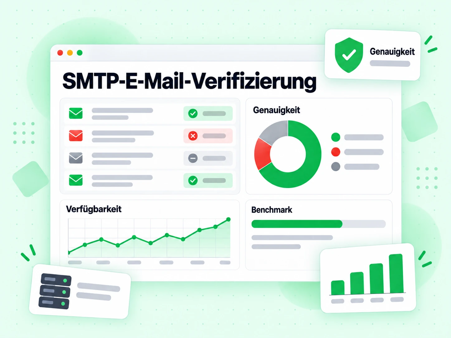 Benchmark zur SMTP-E-Mail-Verifizierung mit Genauigkeits-Donut, Verfügbarkeits-Trendlinie und Ergebnistabelle