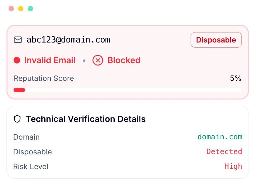 BillionVerify disposable email address detection result screen