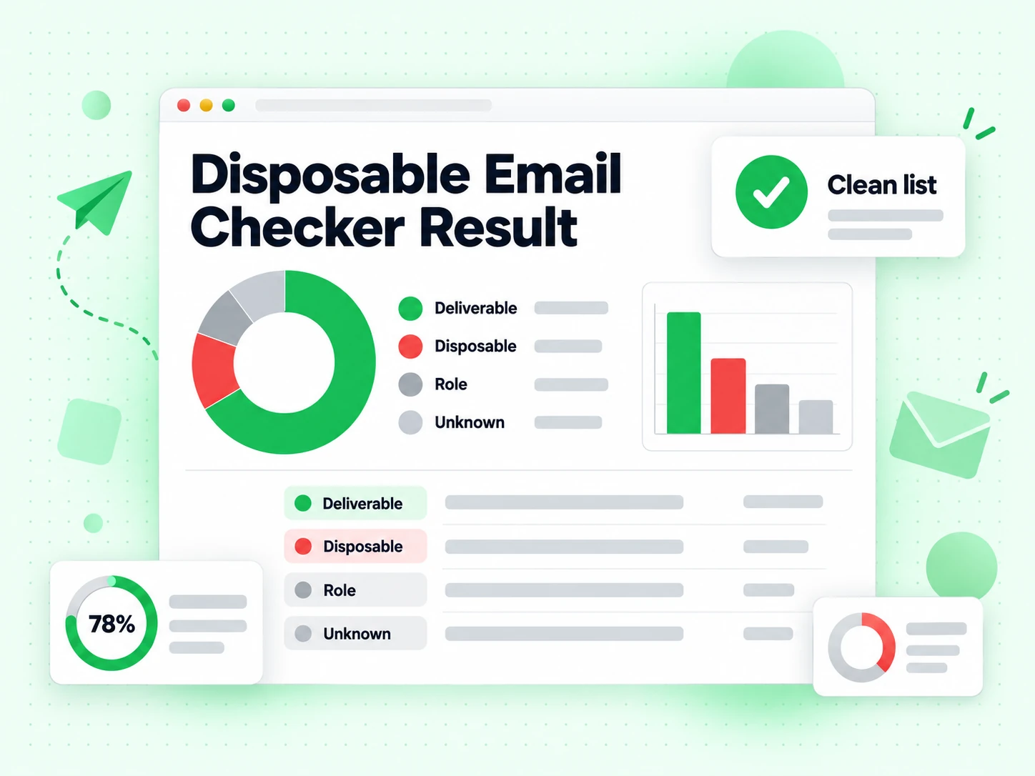 Disposable Email Checker Result panel naming deliverable, disposable, role, and unknown states