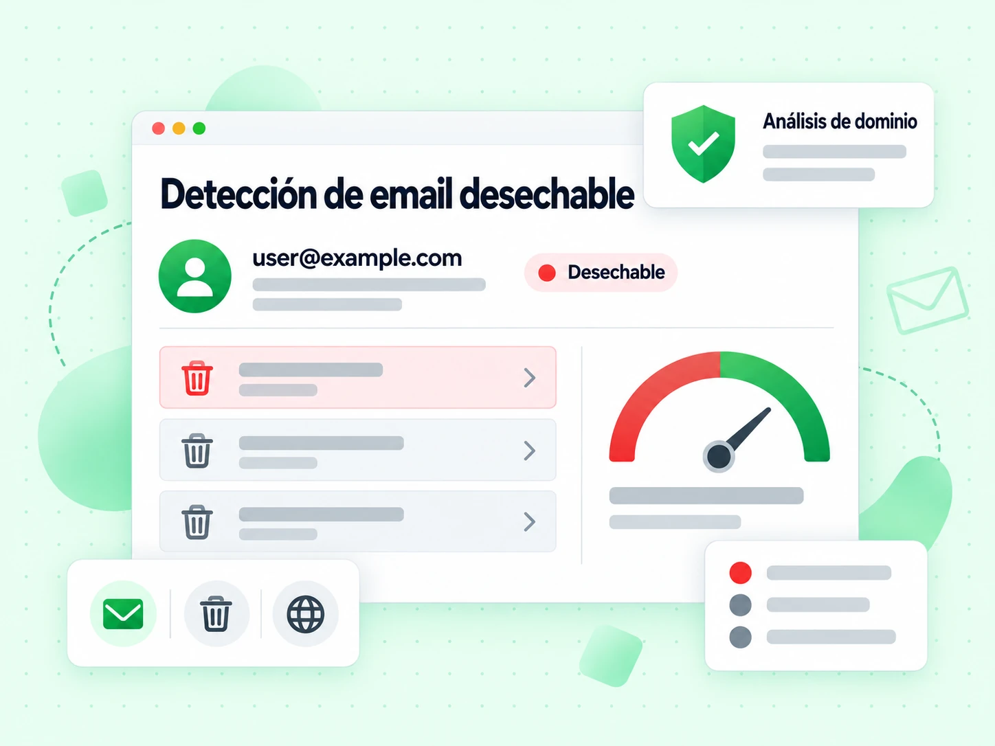 Detección de email desechable muestra una dirección junto al indicador Desechable en su Análisis de dominio