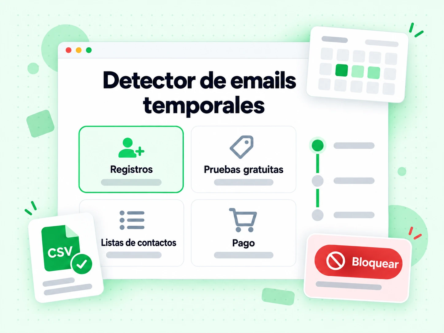 Detector de emails temporales en Registros, Pruebas gratuitas, Listas de contactos y Pago, con opción Bloquear