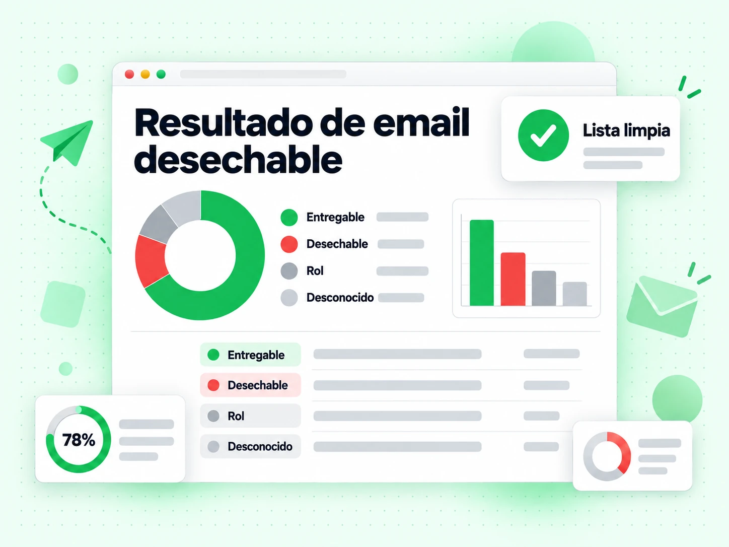 Resultado de email desechable: Entregable, Desechable, Rol y Desconocido junto a una Lista limpia