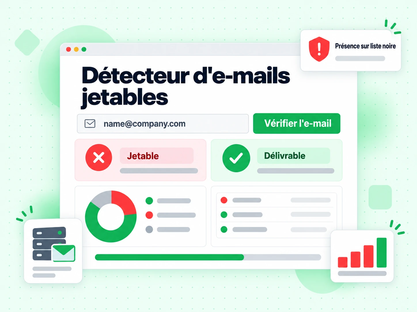 Détecteur d'e-mails jetables : interface avec Vérifier l'e-mail, Jetable, Délivrable, Présence sur liste noire, UlEK}