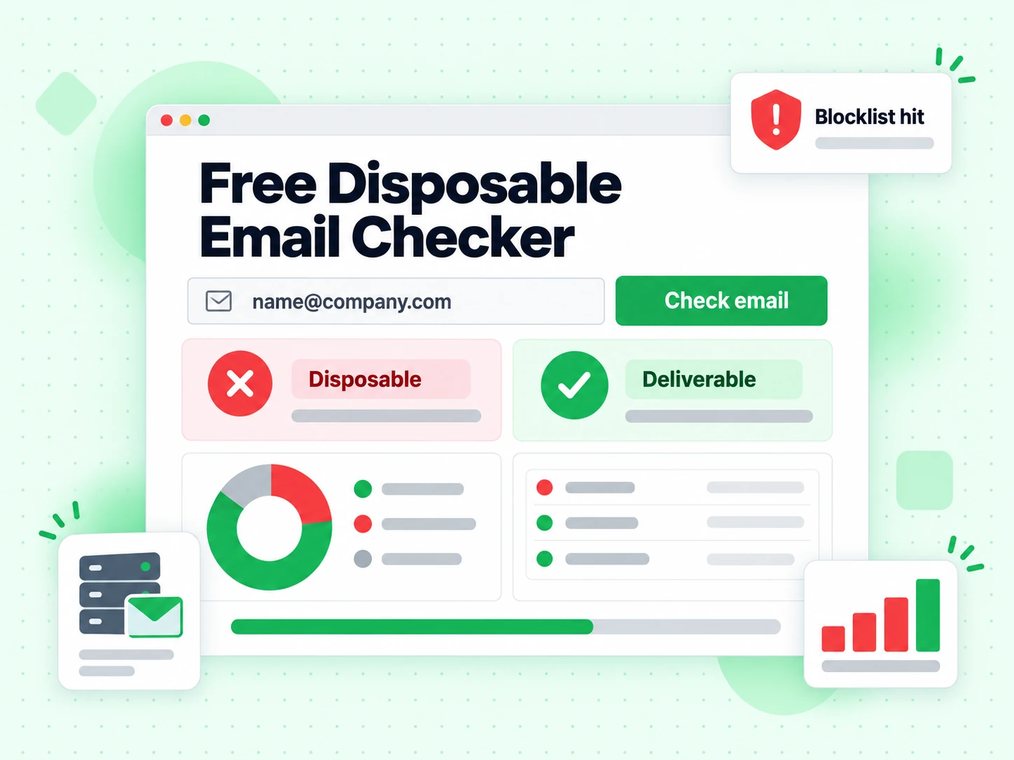 Free Disposable Email Checker form with an email input, a Check email button, and a Disposable result