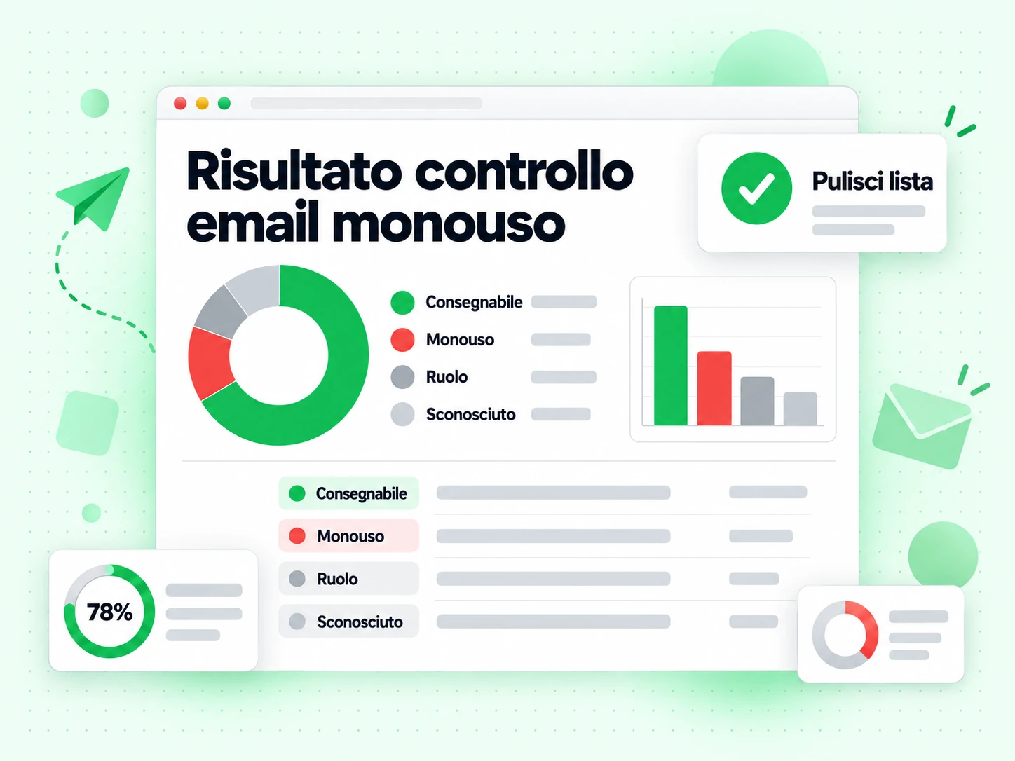 Risultato controllo email monouso: pannello con stati consegnabile, monouso, role e sconosciuto