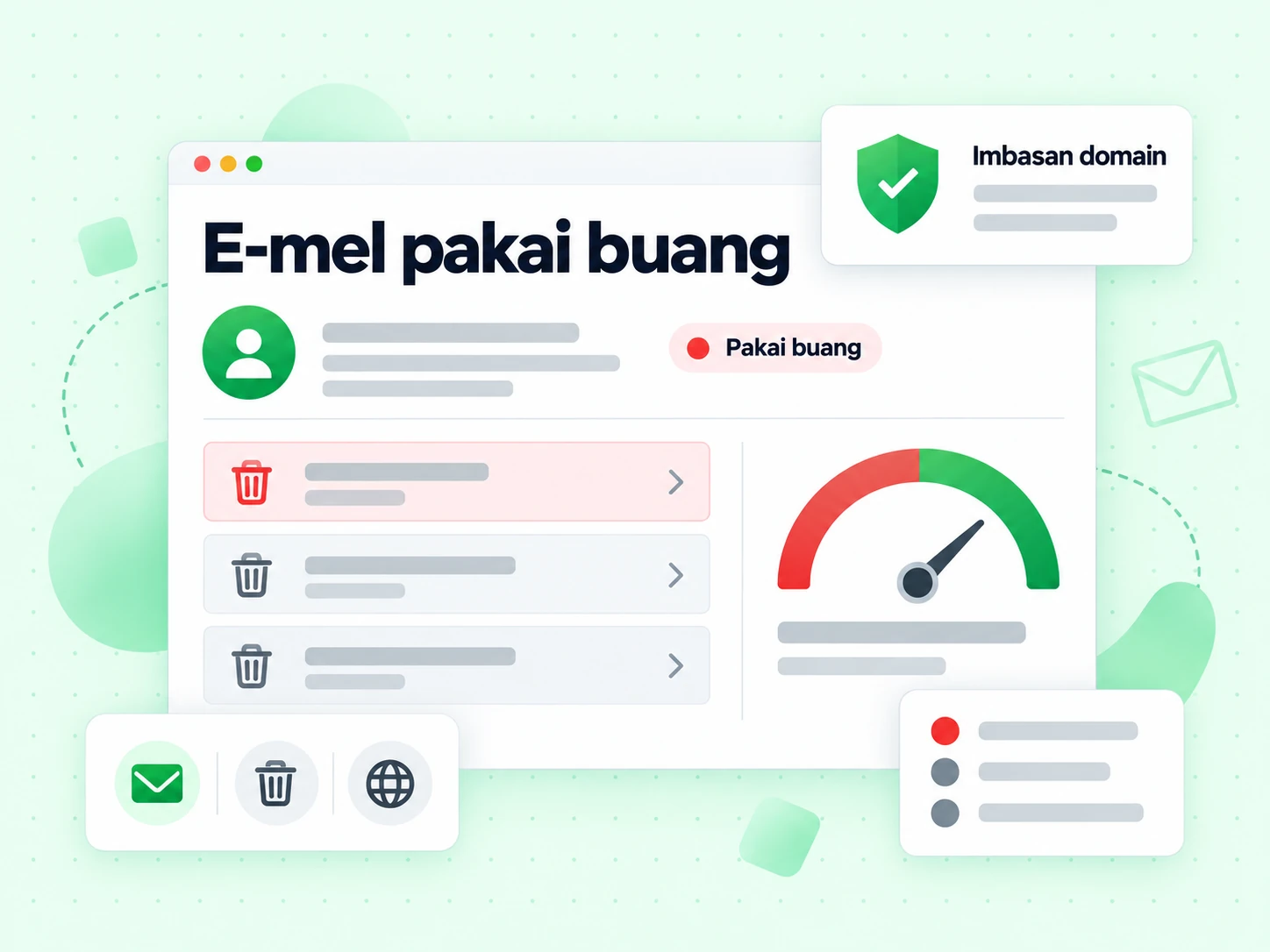 E-mel pakai buang: satu alamat e-mel dipaparkan bersebelahan tanda Pakai buang dalam imbasan domain.