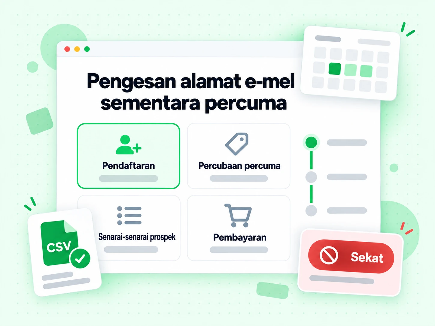 Pengesan alamat e-mel sementara percuma digunakan pada pendaftaran, percubaan percuma dan pembayaran.