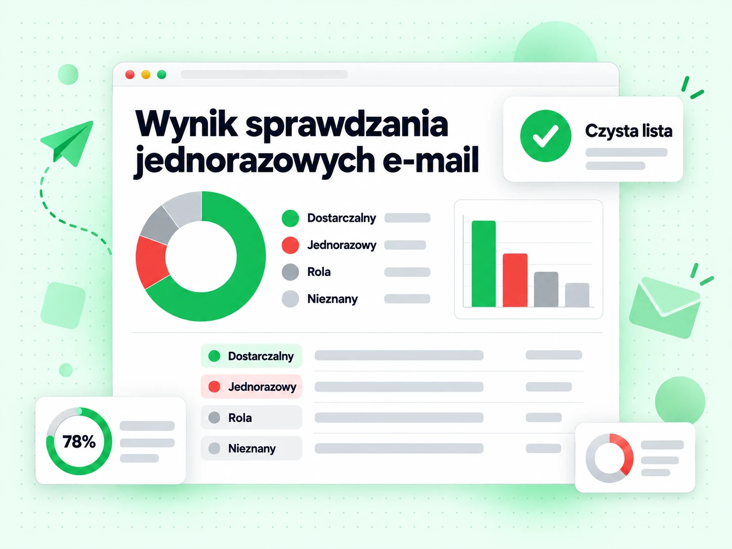 Wynik sprawdzania jednorazowych e-mail nazywa stany dostarczalny, jednorazowy, rola i nieznany