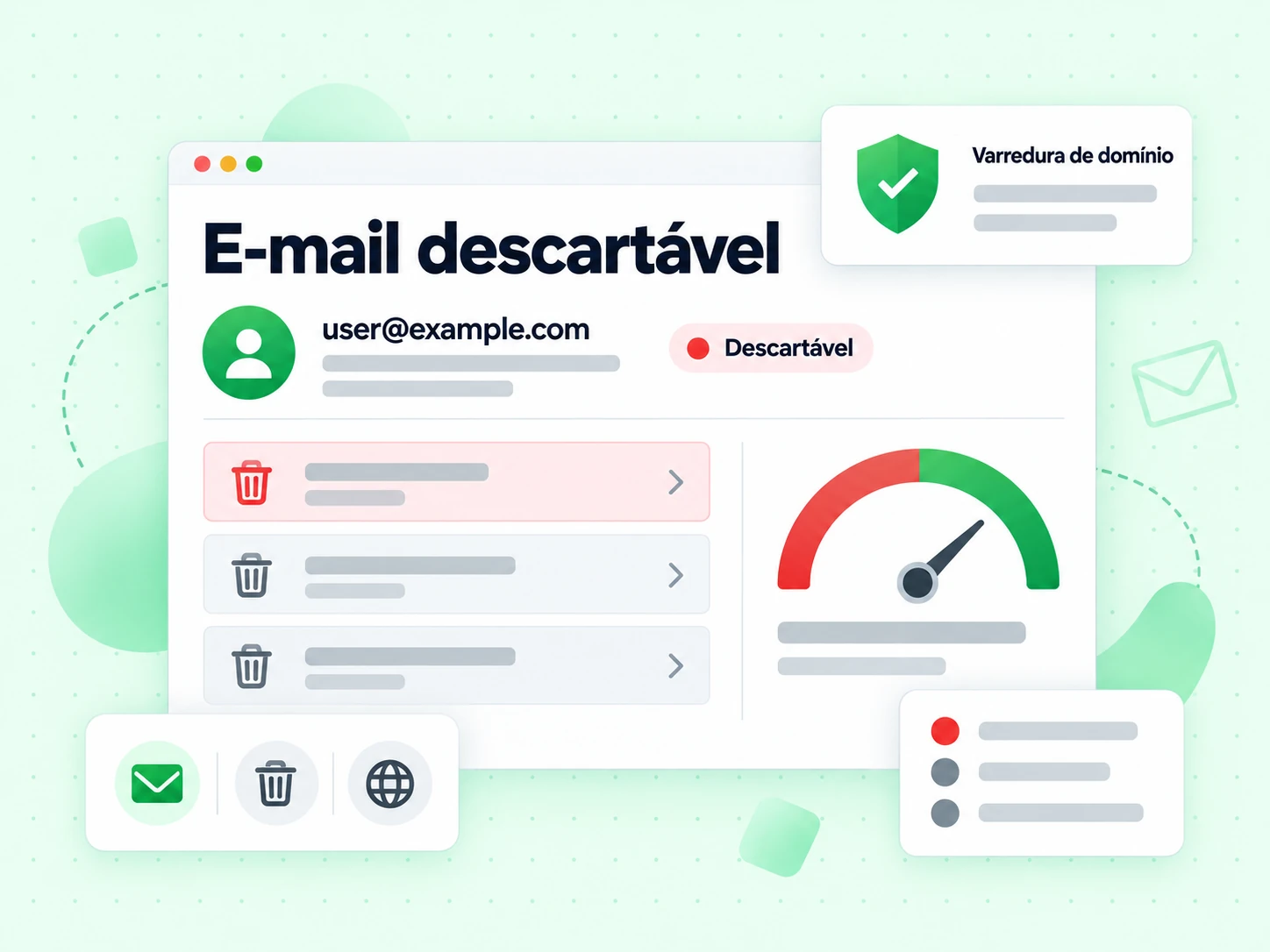 Painel de E-mail descartável exibindo um endereço ao lado de um sinalizador Descartável