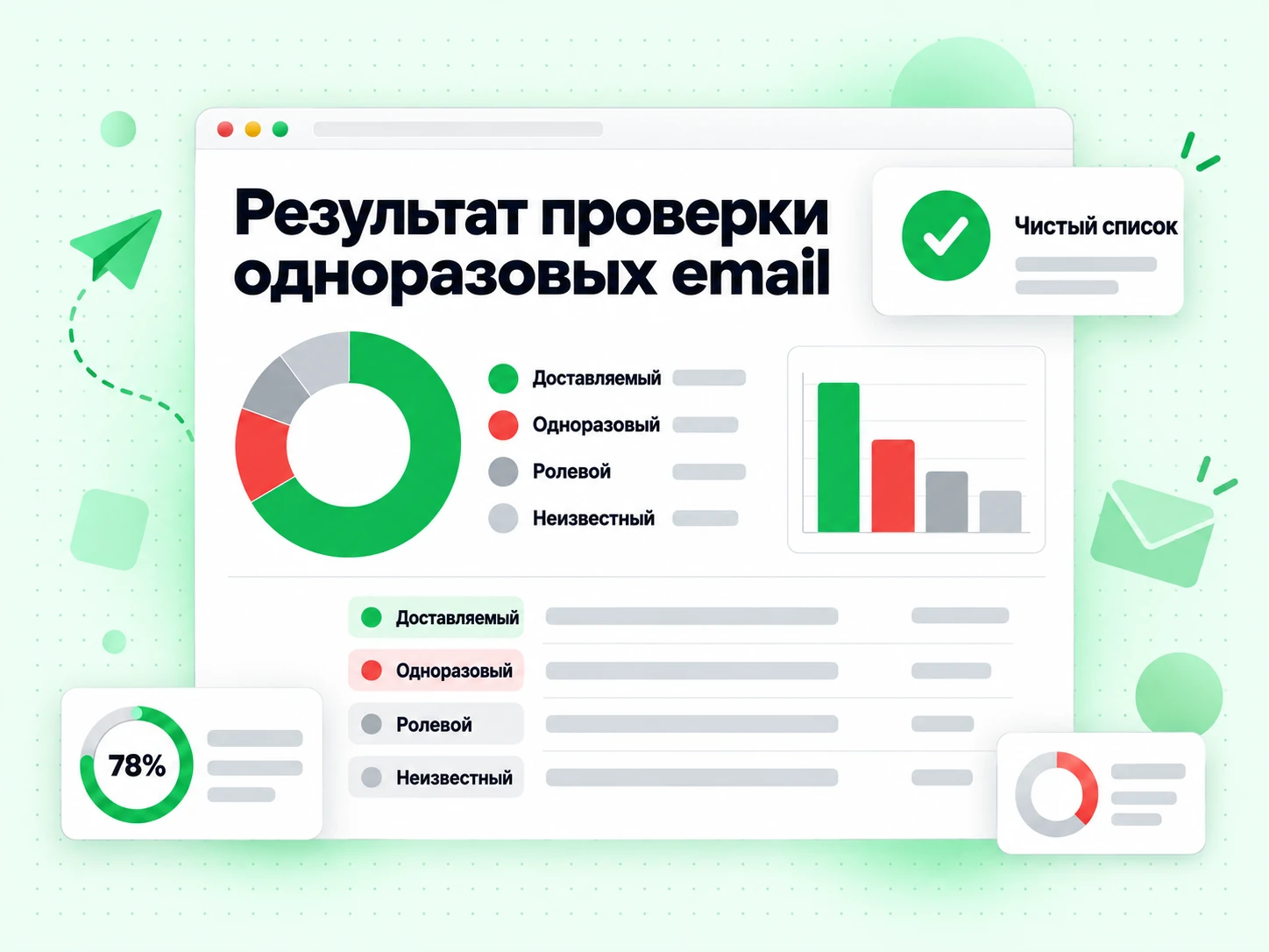 Результат проверки одноразовых email: статусы доставляемый, одноразовый, ролевой и неизвестный