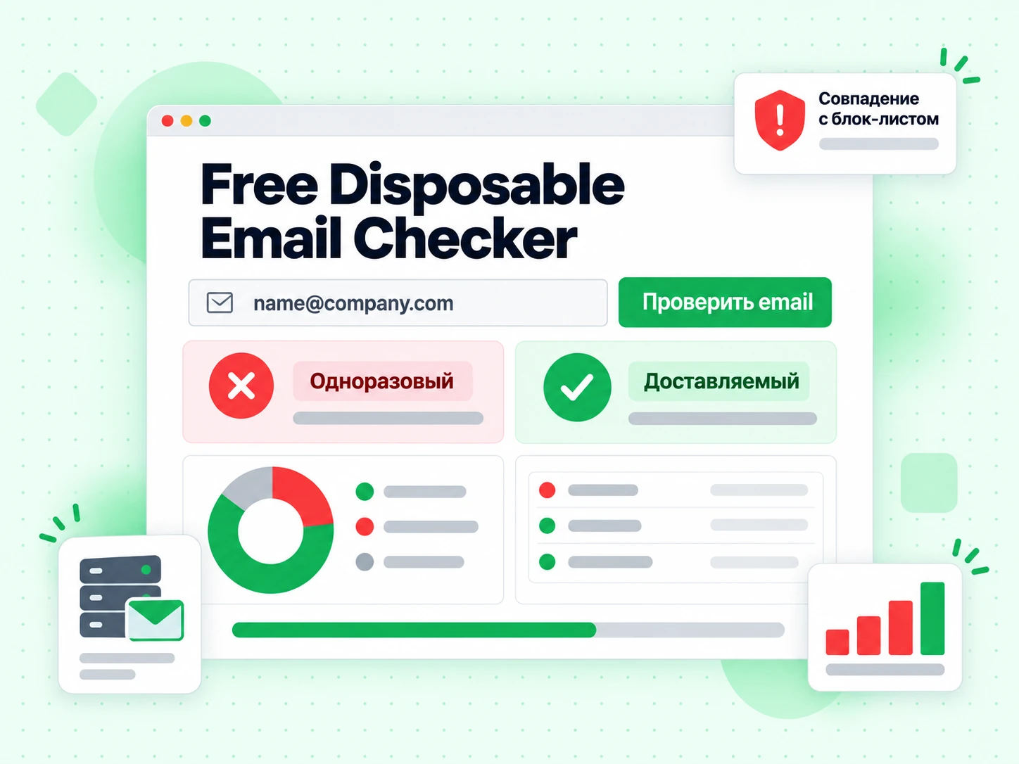 Free Disposable Email Checker: форма с полем email, кнопкой проверки и результатом Disposable