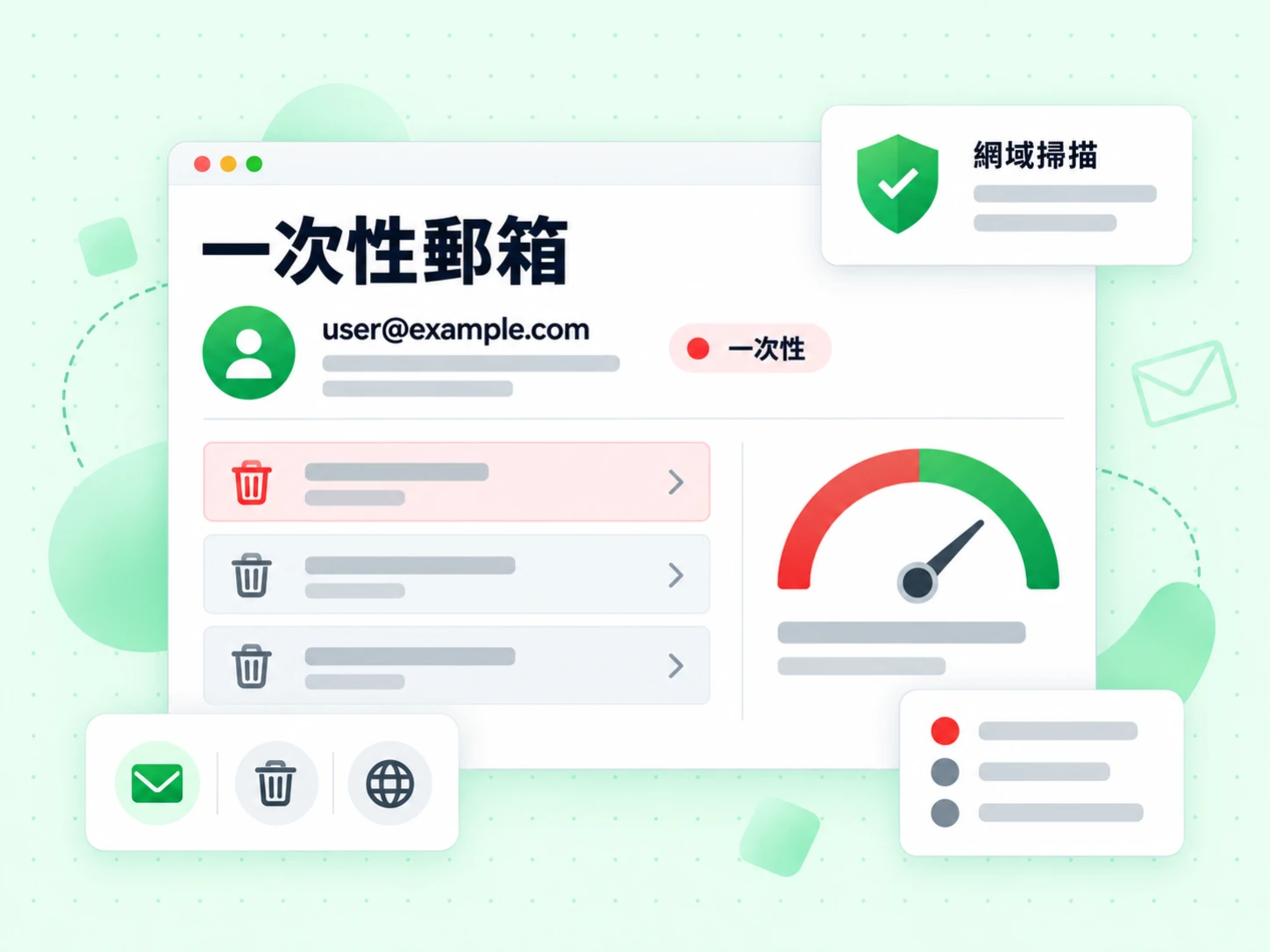 一次性郵箱頁面顯示一個郵箱地址，旁邊標示對應旗標，正在進行網域掃描