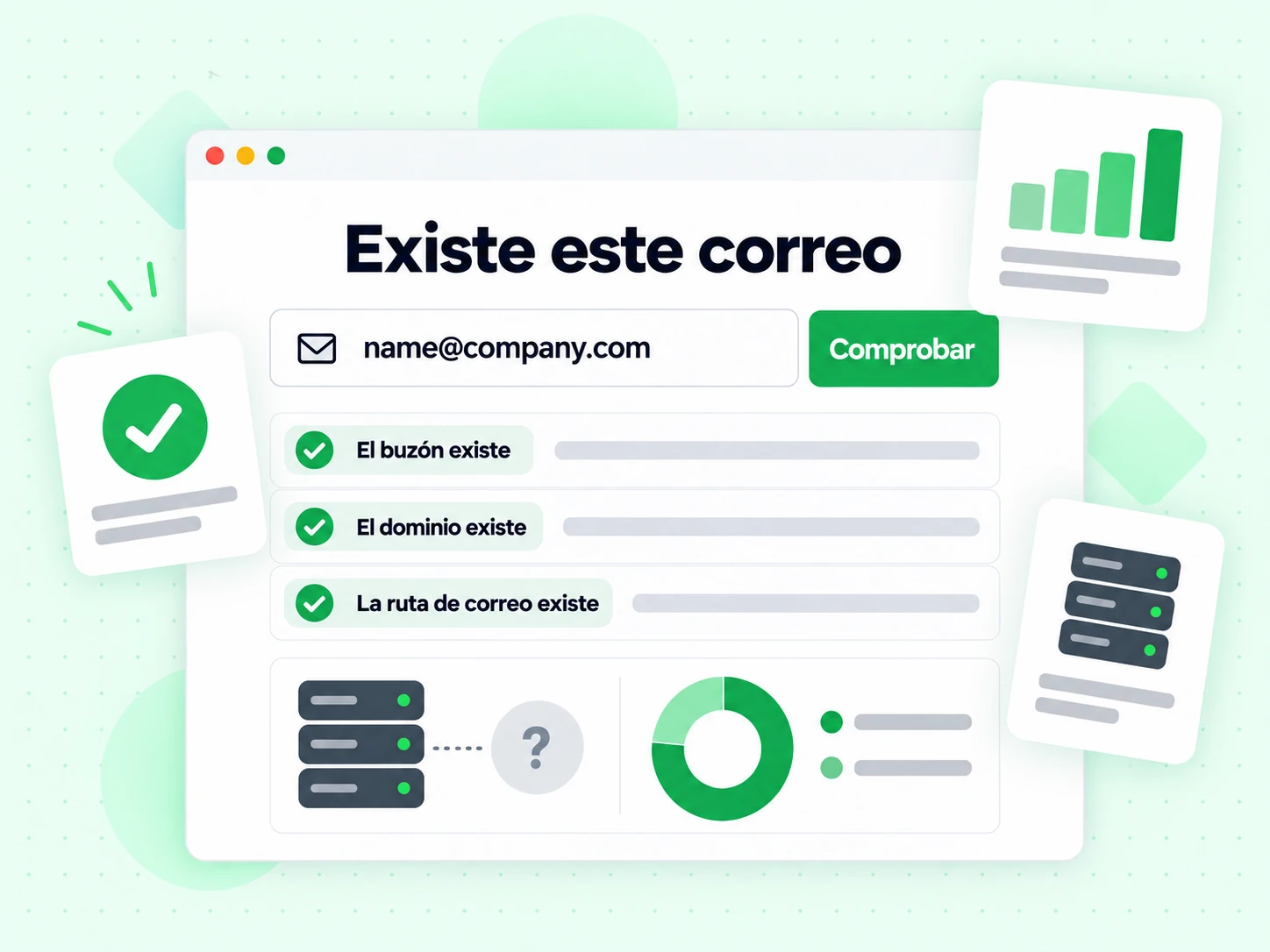 Existe este correo con campo name@company.com y resultados El buzón existe, El dominio existe y La ruta existe