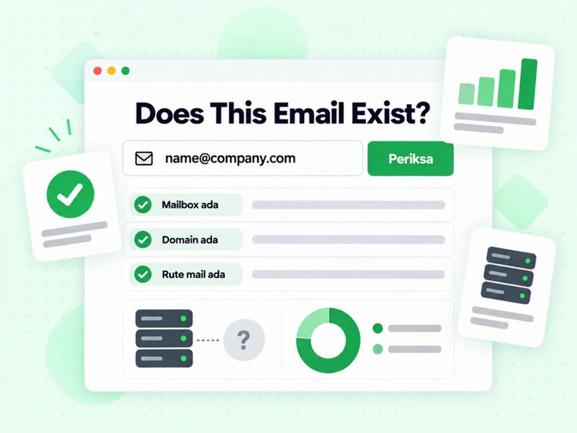 Does This Email Exist?: formulir dengan input email dan hasil mailbox ada, domain ada, serta rute mail ada