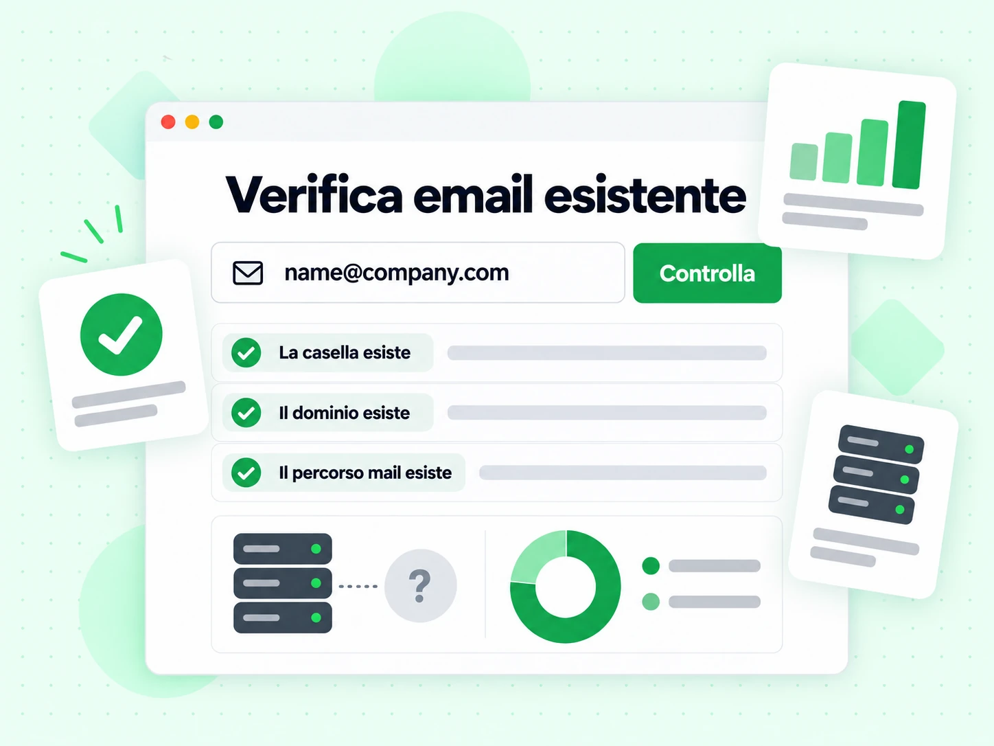 Verifica email esistente: modulo con campo email e risultati La casella esiste, Il dominio esiste e Il percorso mail esiste