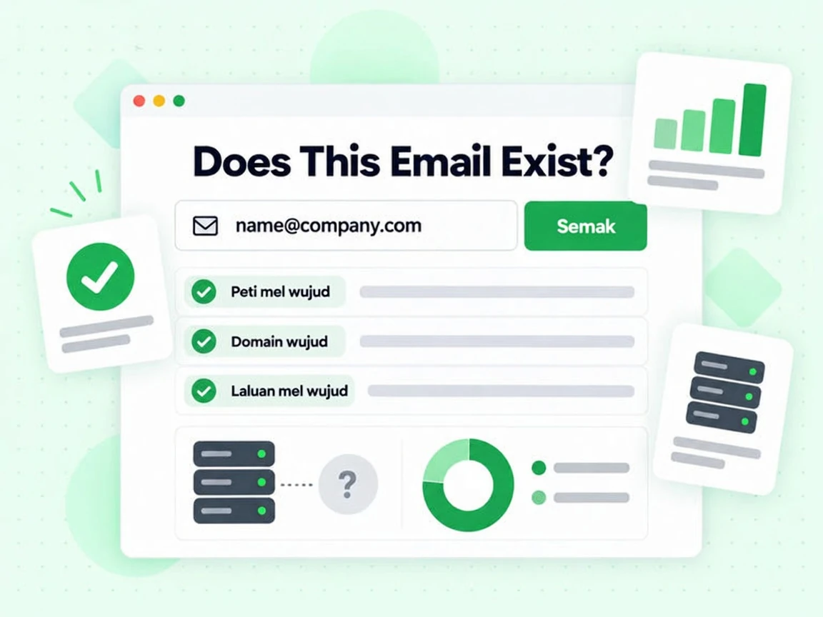 Does This Email Exist? dengan name@company.com dimasukkan serta hasil Peti mel, Domain dan Laluan mel wujud.