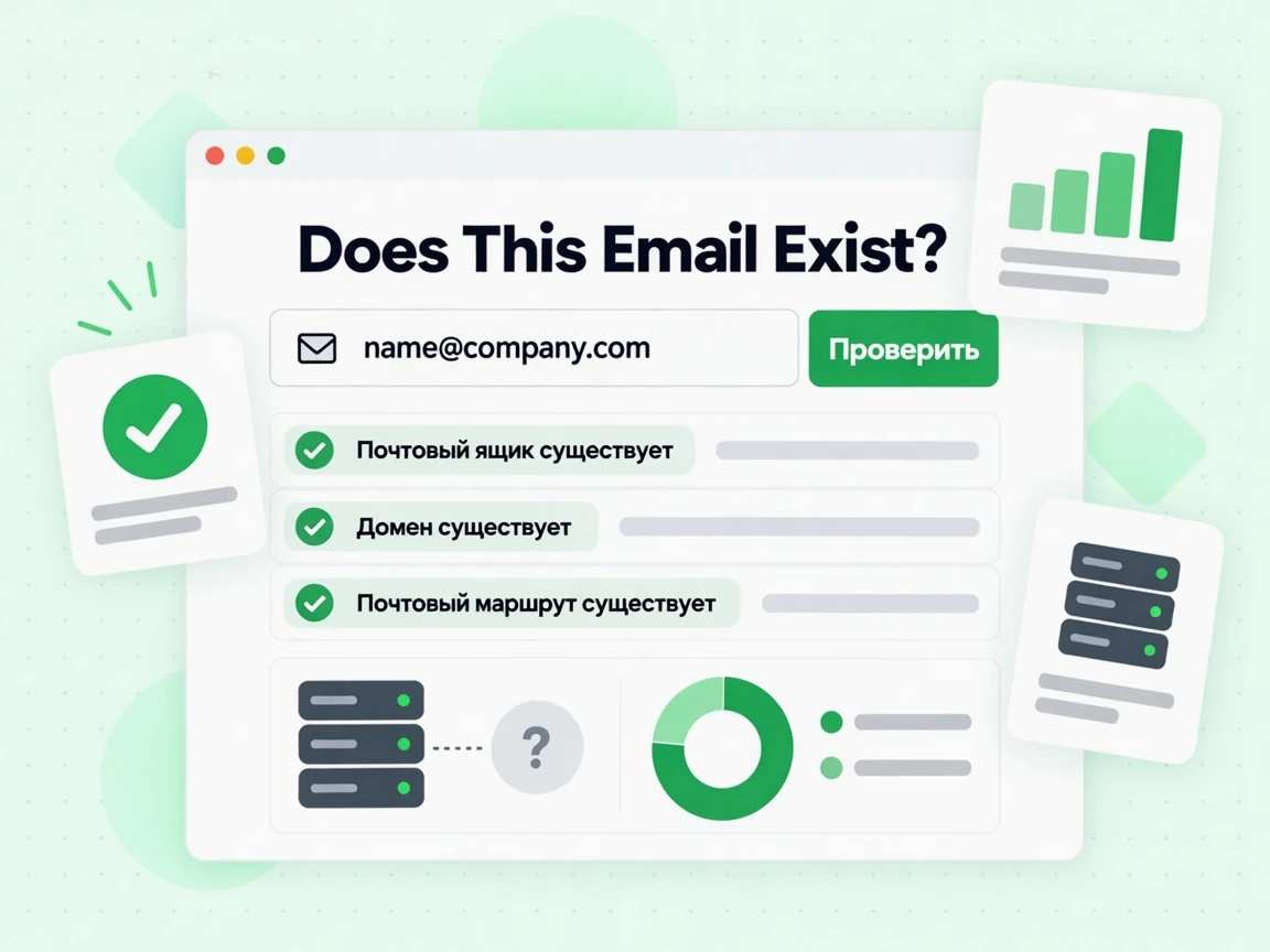 Does This Email Exist?: форма с полем email и результатами Mailbox exists, Domain exists и Mail route exists