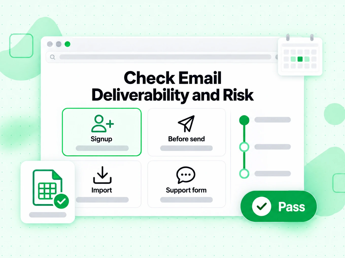 Check Email Deliverability and Risk across signup, before send, import and support form cards