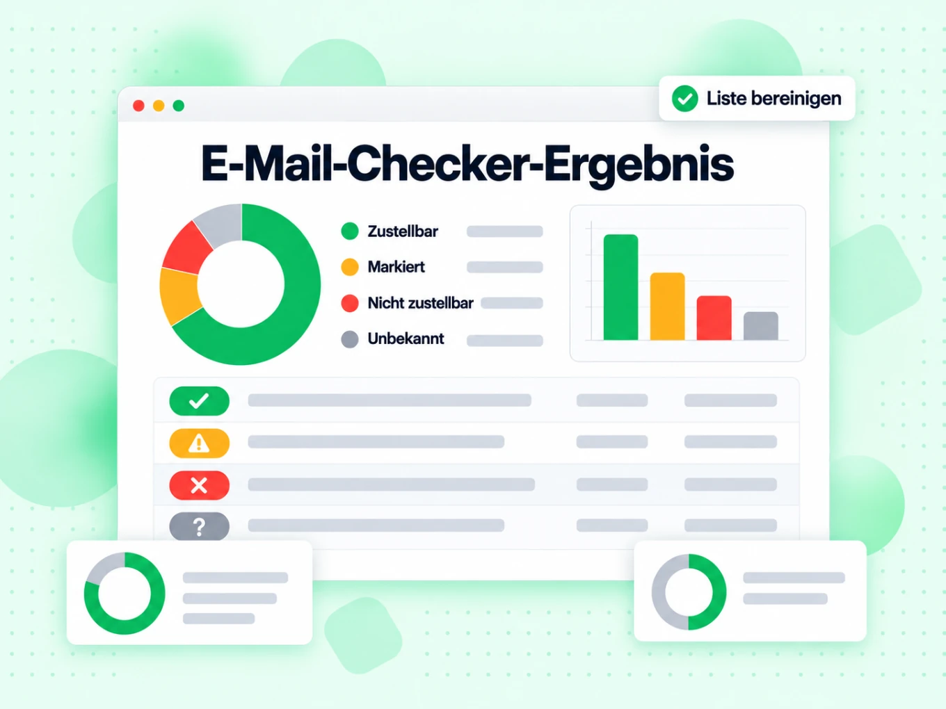 E-Mail-Checker-Ergebnis zeigt Donut, Zustellbar, Markiert, Nicht zustellbar, Unbekannt und Liste bereinigen.
