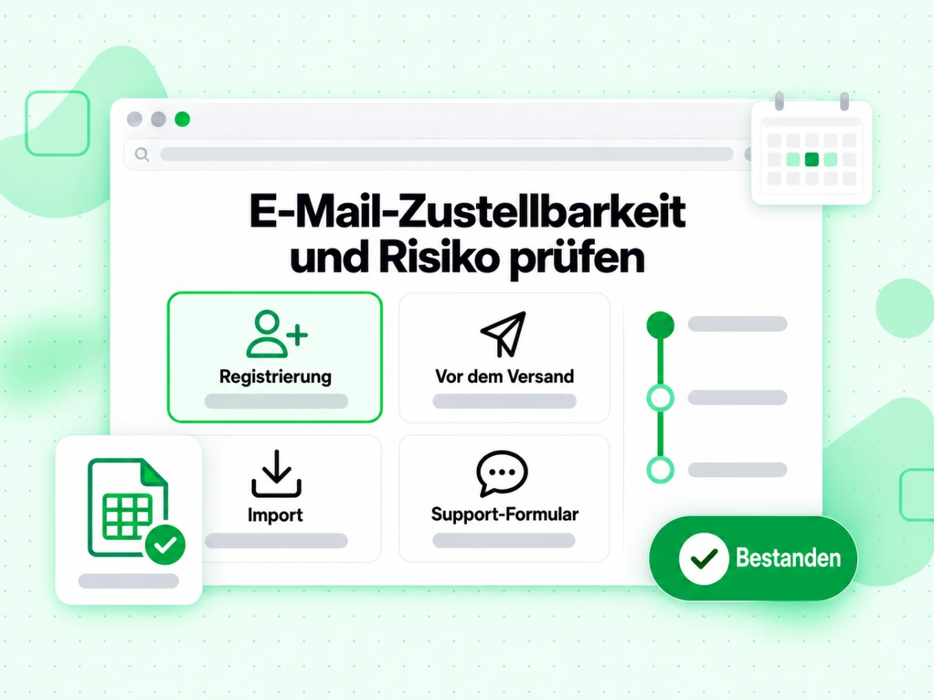 E-Mail-Zustellbarkeit und Risiko prüfen: Registrierung, Vor dem Versand, Import, Support-Formular, Bestanden.