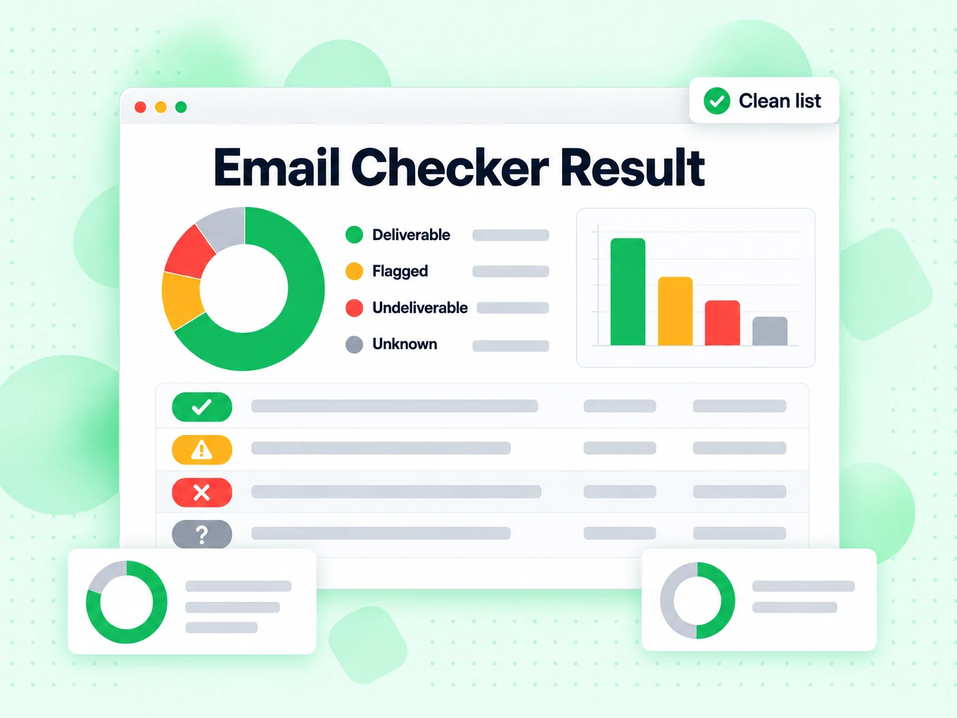 Email Checker Result view with a donut chart and rows for deliverable, flagged, undeliverable and unknown