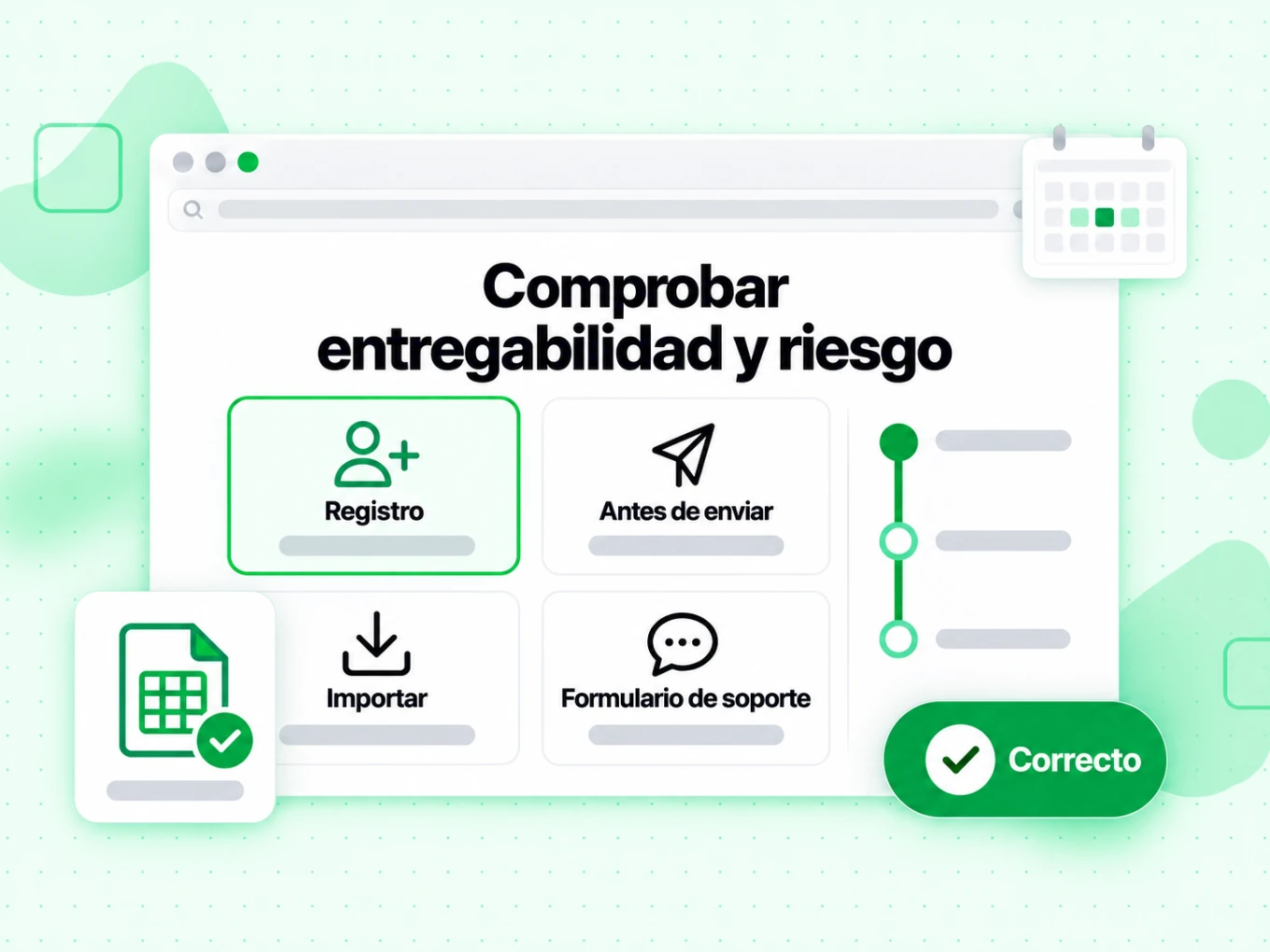 Comprobar entregabilidad y riesgo en Registro, Antes de enviar, Importar y Formulario de soporte
