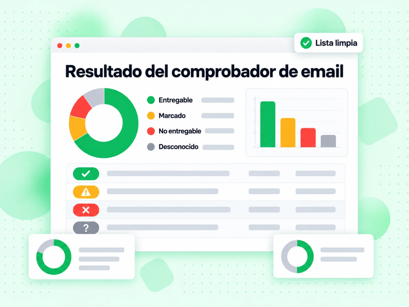 Resultado del comprobador de email con rosca y filas Entregable, Marcado, No entregable y Desconocido