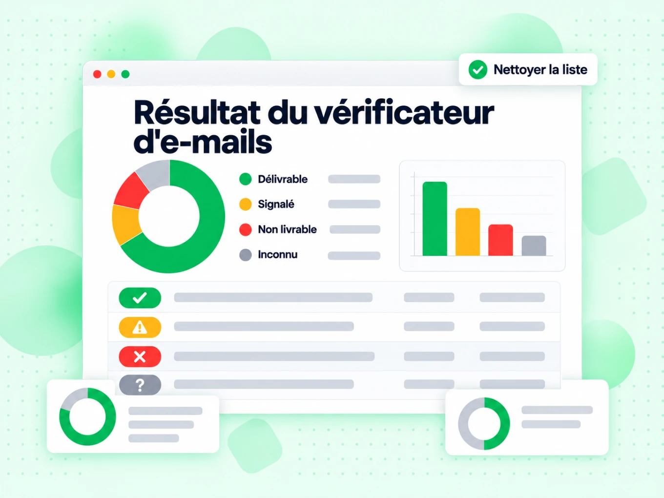 Résultat du vérificateur d'e-mails : interface avec Délivrable, Signalé, Non livrable, Inconnu, Nettoyer la liste