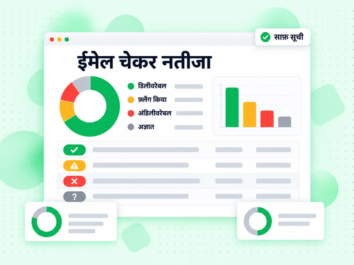 ईमेल चेकर नतीजा डोनट चार्ट और डिलीवरेबल, फ़्लैग, अंडिलीवरेबल और अज्ञात पंक्तियों के साथ
