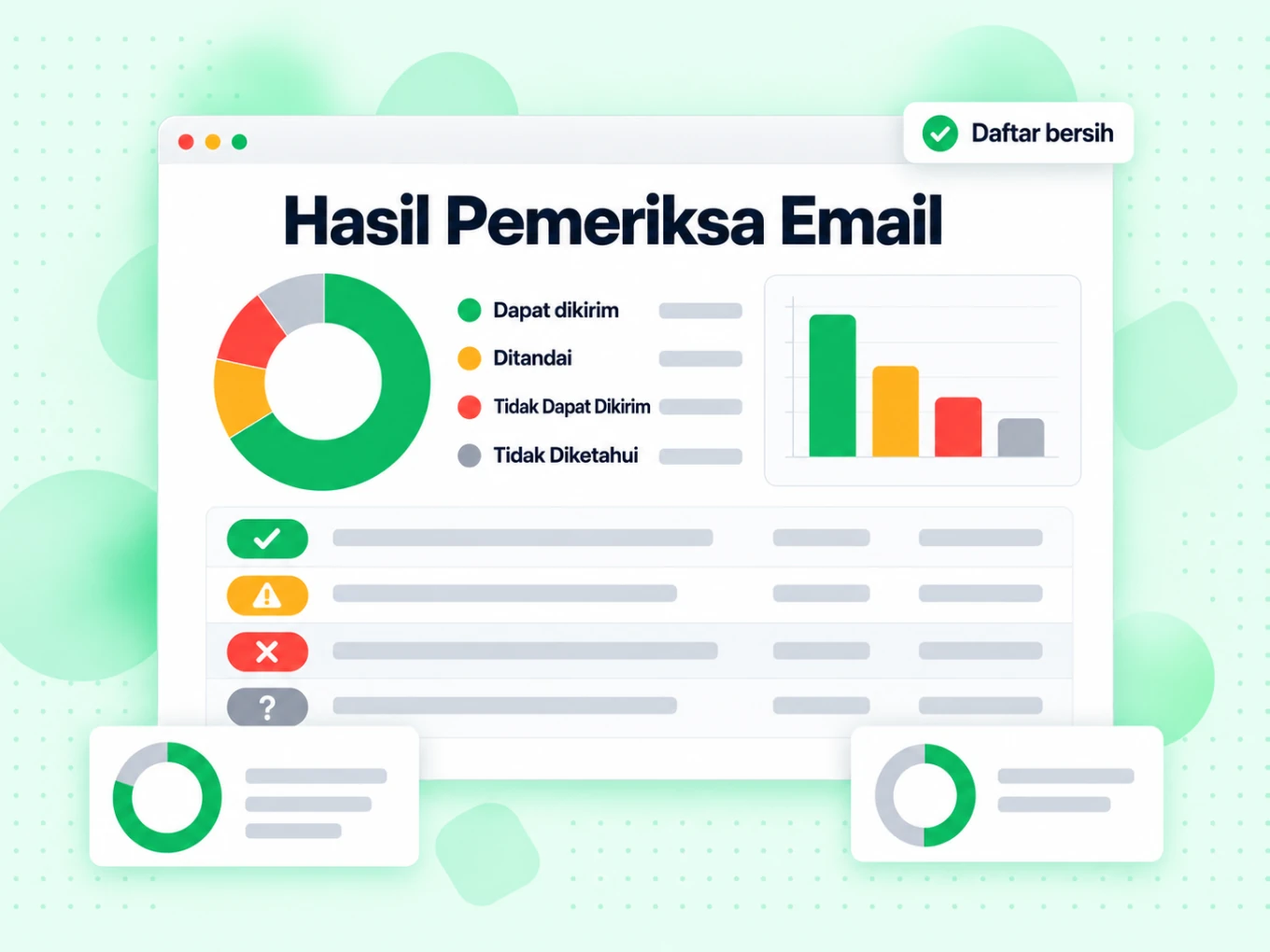 Hasil Pemeriksa Email dengan bagan donat serta baris dapat dikirim, ditandai, tidak dapat dikirim dan tidak diketahui