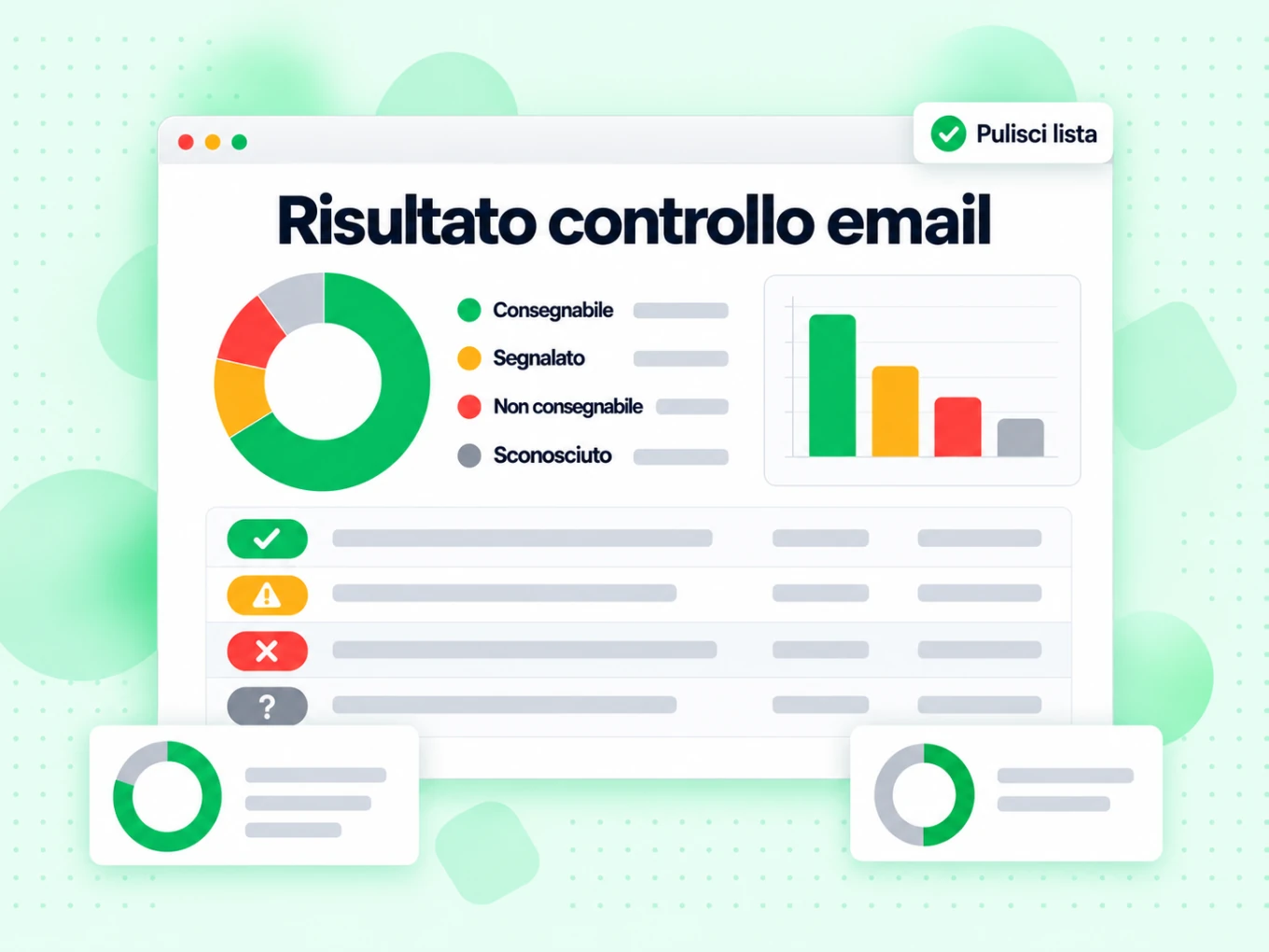 Risultato controllo email: ciambella e righe per consegnabile, segnalato, non consegnabile e sconosciuto