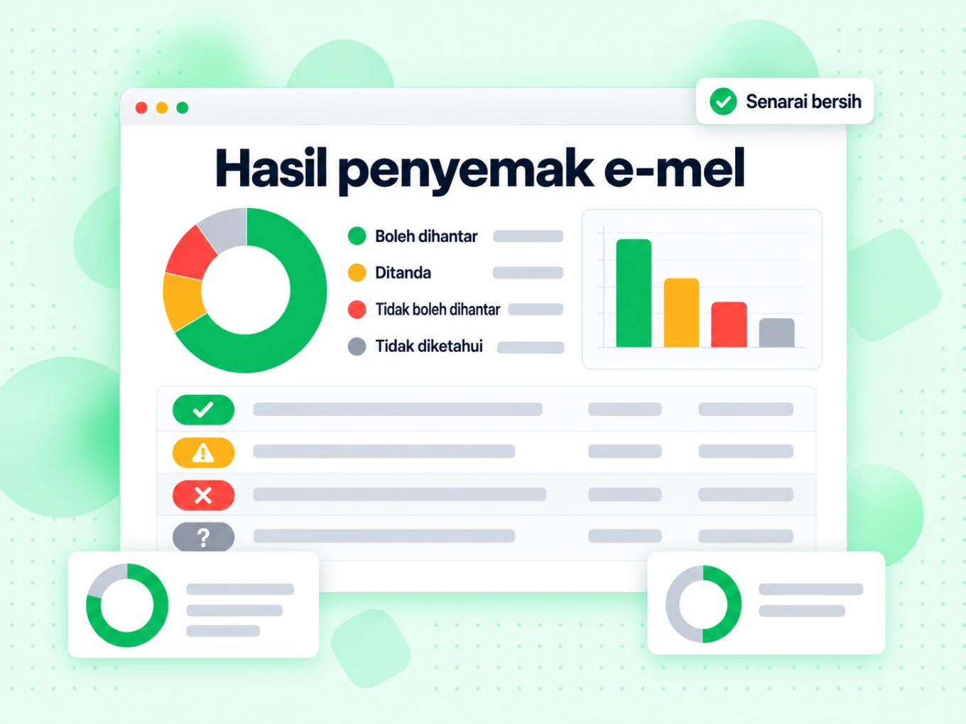Hasil penyemak e-mel dengan carta bulatan dan baris Boleh dihantar, Ditanda, Tidak boleh dihantar.