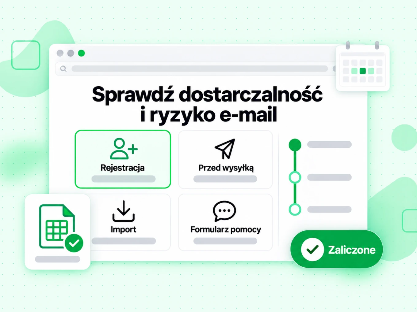 Sprawdź dostarczalność i ryzyko e-mail przy rejestracji, przed wysyłką, imporcie i formularzu pomocy