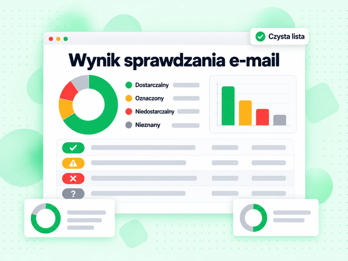 Wynik sprawdzania e-mail: wykres pierścieniowy i wiersze dostarczalny, oznaczony i niedostarczalny