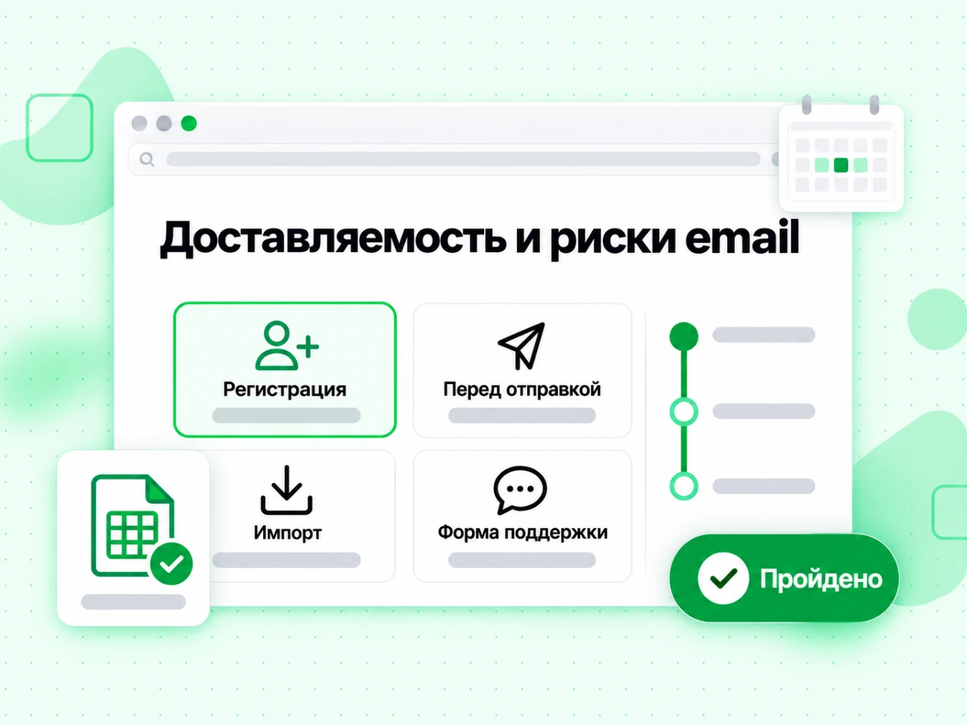 Доставляемость и риски email: карточки сценариев — регистрация, отправка, импорт и форма поддержки