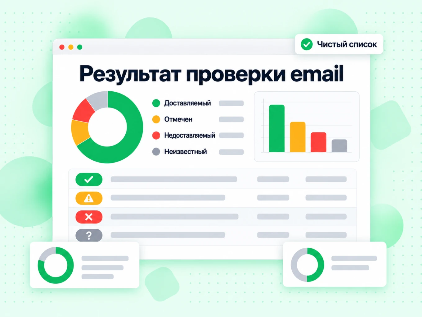 Результат проверки email: график-донат и строки доставляемых, спорных, недоставляемых и неизвестных адресов