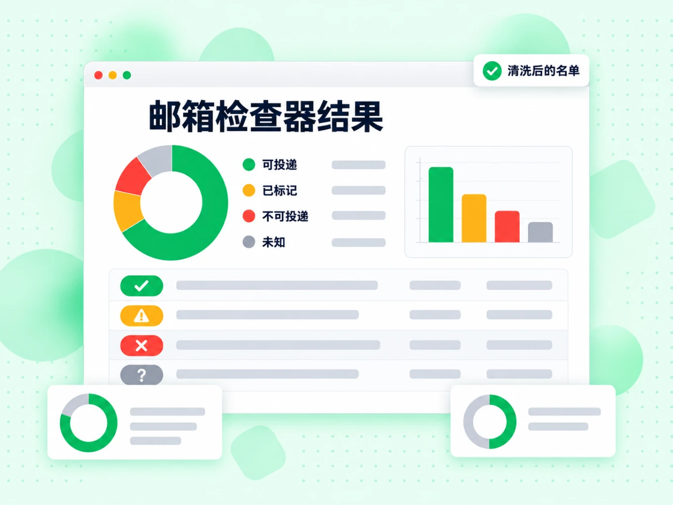 邮箱检查器结果面板用环形图列出可投递、已标记、不可投递与未知，下方附清洗后的名单