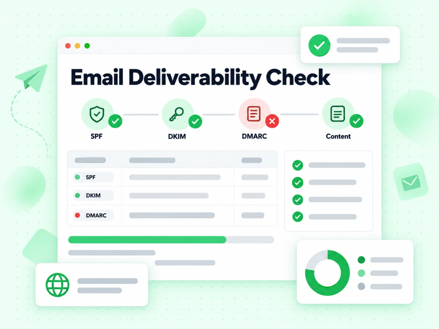 Email Deliverability Check running SPF, DKIM, DMARC and content checks with pass and fail dots
