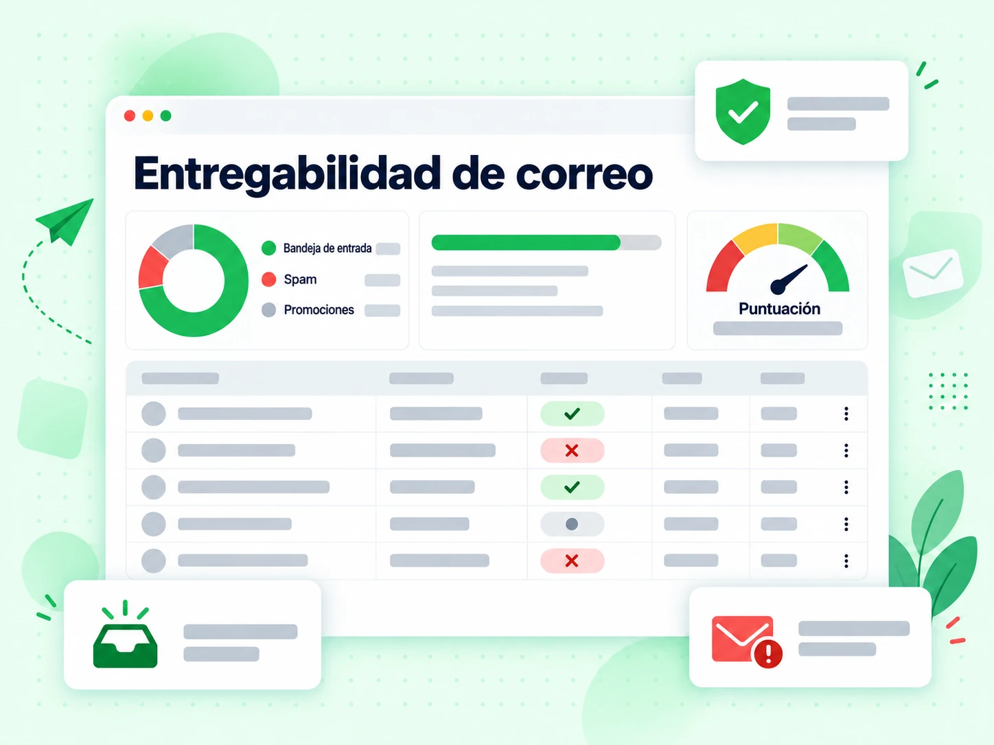 Panel de Entregabilidad de correo con ubicación en Bandeja de entrada, spam y Promociones y una Puntuación