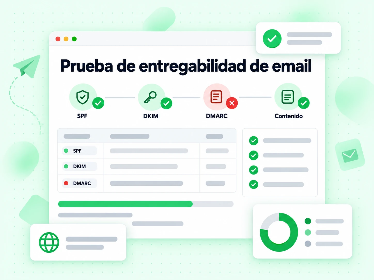 Prueba de entregabilidad de email ejecuta SPF, DKIM, DMARC y Contenido con puntos verdes y rojos de resultado