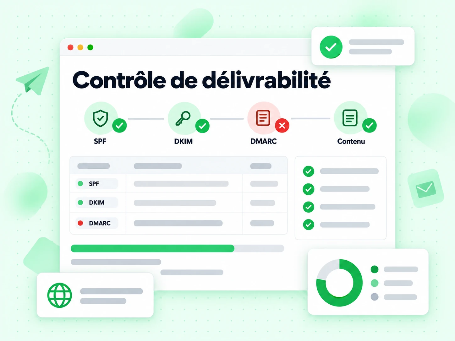 Contrôle de délivrabilité : interface avec SPF, DKIM, DMARC, Contenu, oj8%5G
zU'Q^