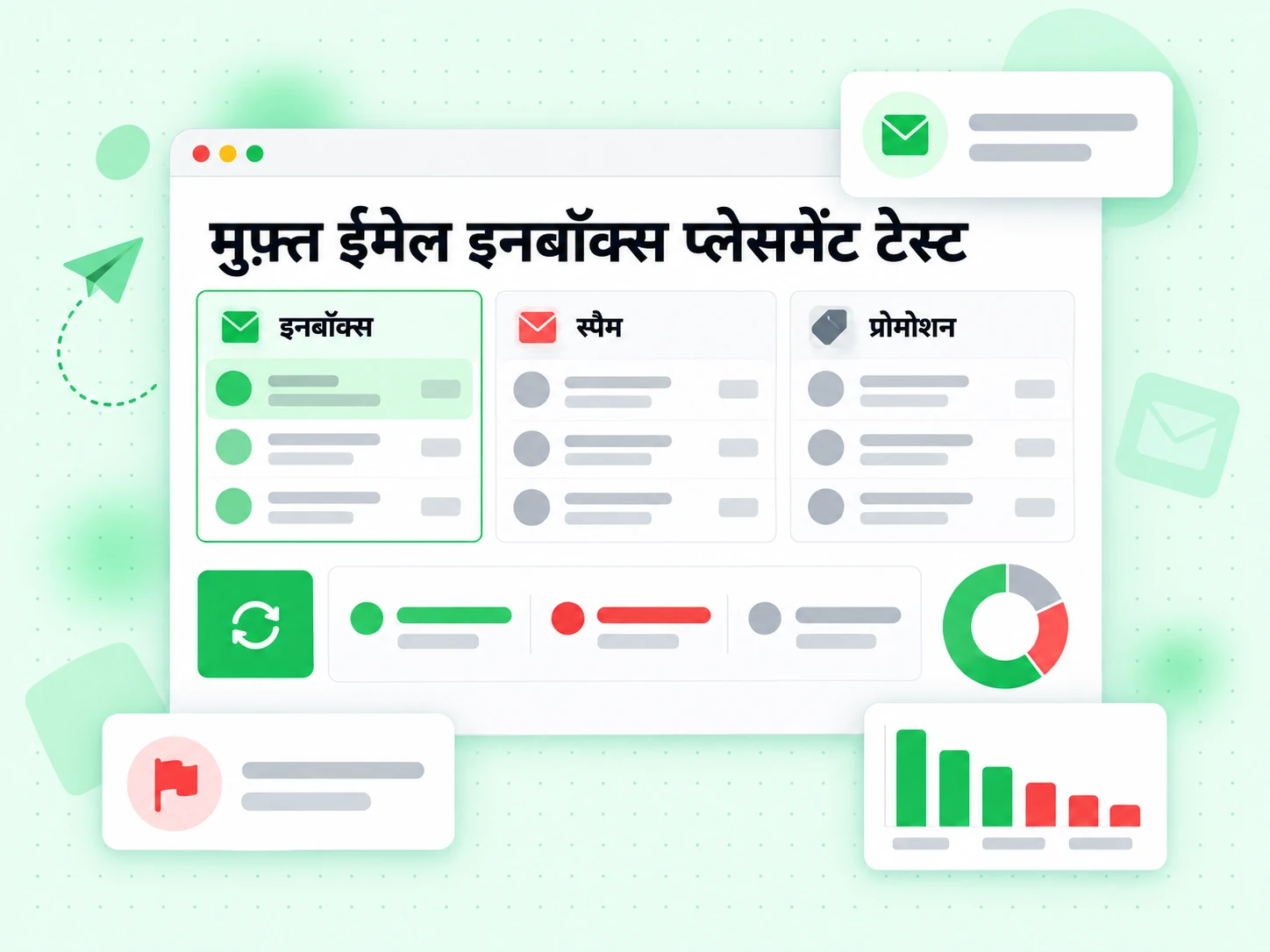 मुफ़्त ईमेल इनबॉक्स प्लेसमेंट टेस्ट दिखाता है कि संदेश इनबॉक्स, स्पैम और प्रोमोशन में कहाँ पहुँचते हैं